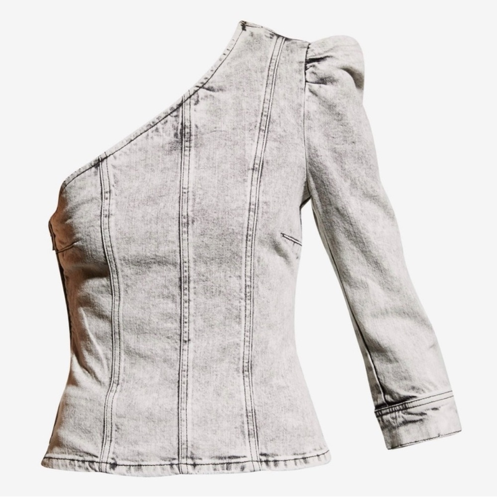 Retrofete One-Shoulder Light Gray Denim Blouse. NWT. Size XS.